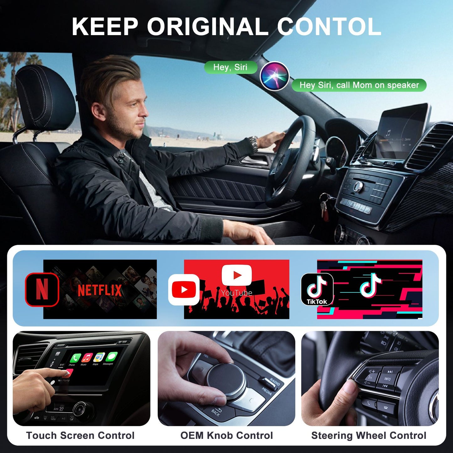 Carplay Wireless Adapter with Youtube/Netflix/Tiktok, Wireless Carplay USB Dongle for Factory Wired Carplay to Wireless