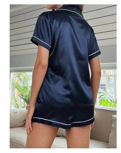 Luxurious Satin Pajama For Women Turn-down Collar Button Top & Shorts Sleepwear & Loungewear for Summer Home Clothes Suit