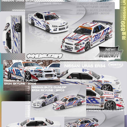 Novo em estoque Mortal 1:64 Nissan GTR D1GP Blitz ER34 Liga Miniatura Diecast Modelo Conjunto de Dois Carros Versão D1GP Brinquedos de Modelo de Carro Presente