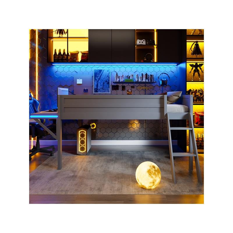 Cama Loft para Jogos de Tamanho Grande com Escrivaninha e Luzes LED, Acabamento Cinza, Design Elegante que Economiza Espaço