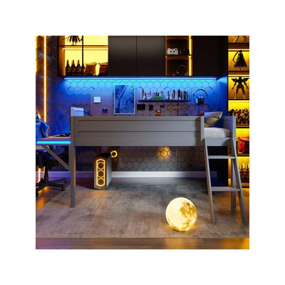 Cama Loft para Jogos de Tamanho Grande com Escrivaninha e Luzes LED, Acabamento Cinza, Design Elegante que Economiza Espaço