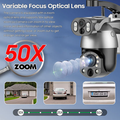UNENTGT 4k Dual Lens View 50X Optical Zoom Solar Battery PTZ Camera 10MP SIM Card Outdoor Wifi CCTV Solaire Surveillance Camera