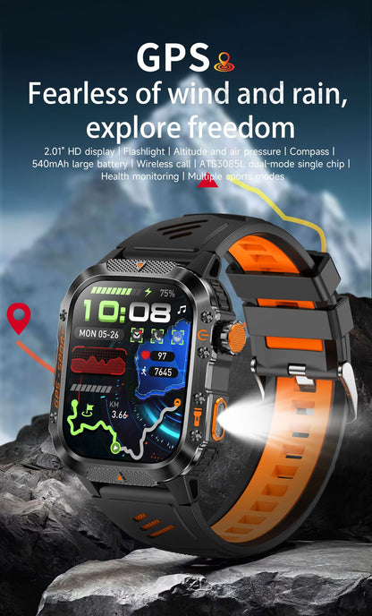 2026 Novas pulseiras inteligentes militares de GPS para ambientes externos, bússola masculina, frequência cardíaca, chamada BT, lanterna LED, Smartwatch à prova d'água 10ATM para natação