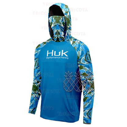 Camisas de Pesca HUK Masculinas Máscara Manga Longa Roupas de Pesca Ao Ar Livre Roupa UV Casaco com Capuz Upf Protetor Solar Respirável Tops de Pesca