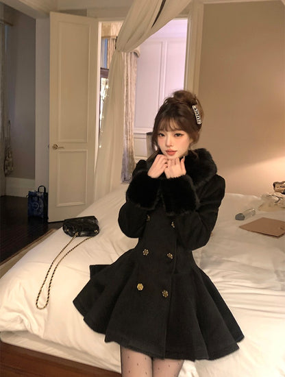 Vintage Black Wool Blends Coats Women Elegant Faux Collar Woolen Jacket Korean Long Sleeve Outerwears Winter Design Overcoat New