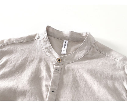 2024 Men's Linen Long-sleeved Shirt with Stand Collar, Youth Casual Loose Men's Cotton and Linen White Shirt.Beach Vacation Top