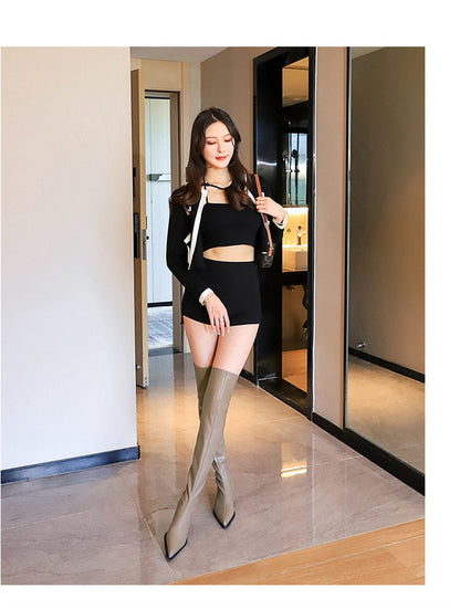 2024 New Autumn Women's Pointed Toe Boots Over-the-Knee Sewing Slip On PU Leather Square Heel Street Style Shoes Black