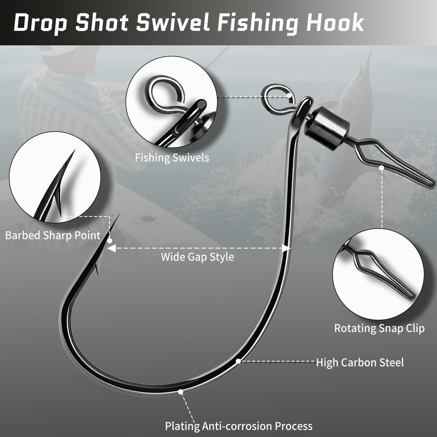 Anzol FishTrip Drop Shot com Girador Barrel e Snap 30 peças, Anzol Giratório In-line DropShot, Isca Macia, Anzol de Minhoca para Carpa e Robalo