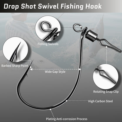 Anzol FishTrip Drop Shot com Girador Barrel e Snap 30 peças, Anzol Giratório In-line DropShot, Isca Macia, Anzol de Minhoca para Carpa e Robalo