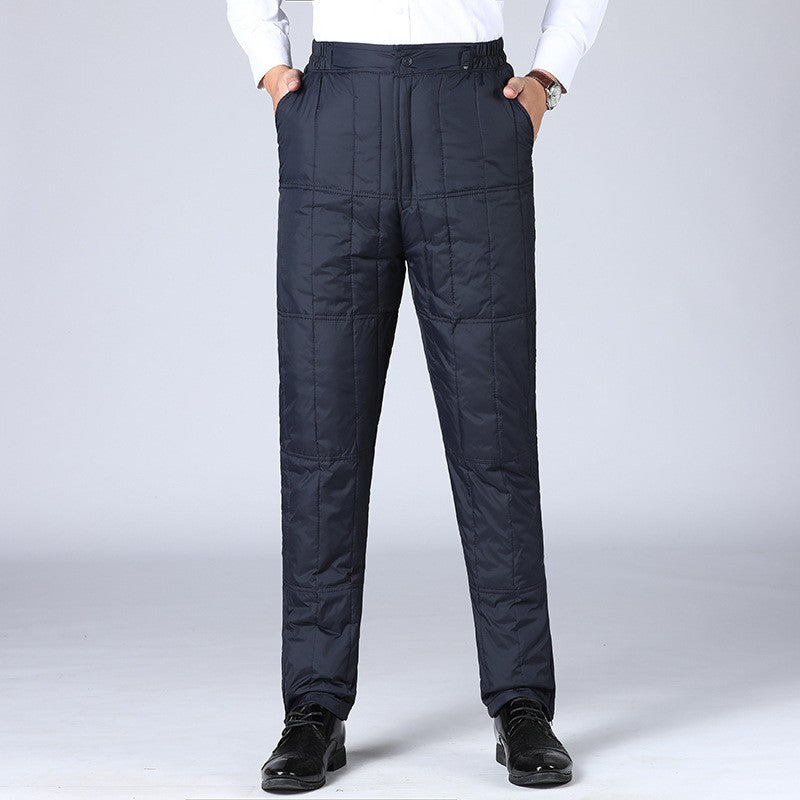 Inverno Masculino Calça de Pato Branco Cintura Alta Engrossada Quente Corta-Vento Térmica Calças para Homem de Meia-Idade PT-593