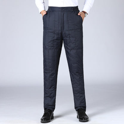 Inverno Masculino Calça de Pato Branco Cintura Alta Engrossada Quente Corta-Vento Térmica Calças para Homem de Meia-Idade PT-593