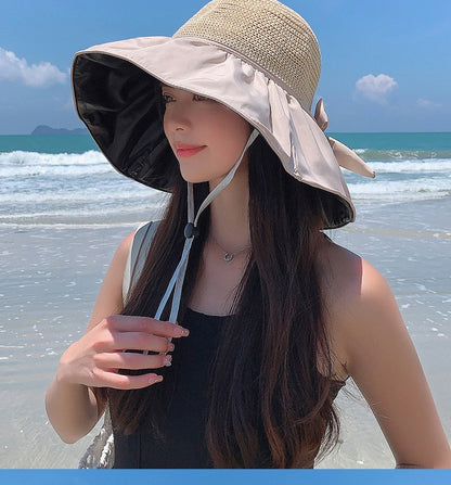 Summer Sun hat women's straw woven anti ultraviolet sun visor hat with big brim seaside black glue breathable Bucket hat sun hat