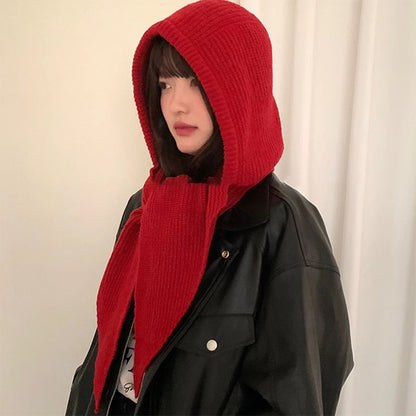 Knitted Winter Balaclava One-piece Thickened Scarf Cap Winter Accessories Hooded Hat Neck Protection Scarf Cold Weather New