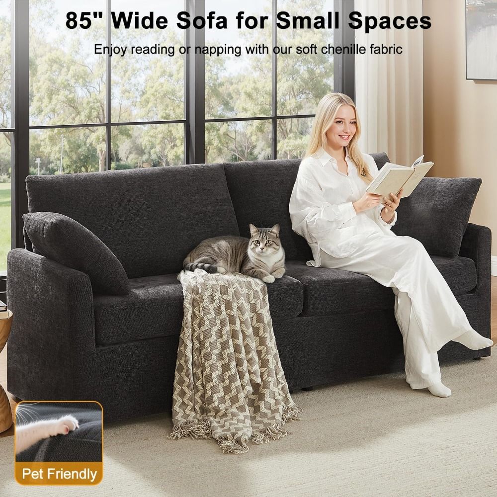 85" Chenille Sofa Couches for Living Room, 3 Seater Sofa with 2 Pillows, Modern Couches Tool-Free Setup, Comfy Oversized
