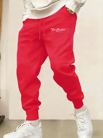 Calça de Moletom Masculina Casual com Estampa "Boston Est 1997", Cintura Elástica, Básica, Confortável, Calça de Outono, Jogging, Calça Comprida Estilo Rua