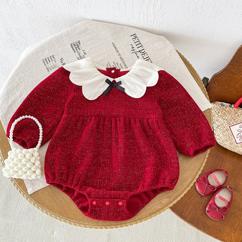 Newborn Christmas Red Clothes Autumn Kids Baby Girls Sweet Petal Collar Princess Rompers Infant New Baby Girls Rompers Clothes