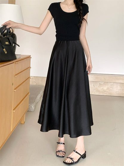 Plus Size Satin Half-Body Skirt Female 2026 Spring New Korean Fashion Temperament Elegant Solid Casual A-line Skirts