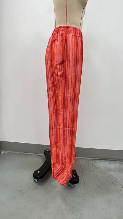 Fashion Printed Striped Wide-leg Long Pants Women's New Spring Autumn Loose Casual High-waisted Slimming Beach Long Pants Female