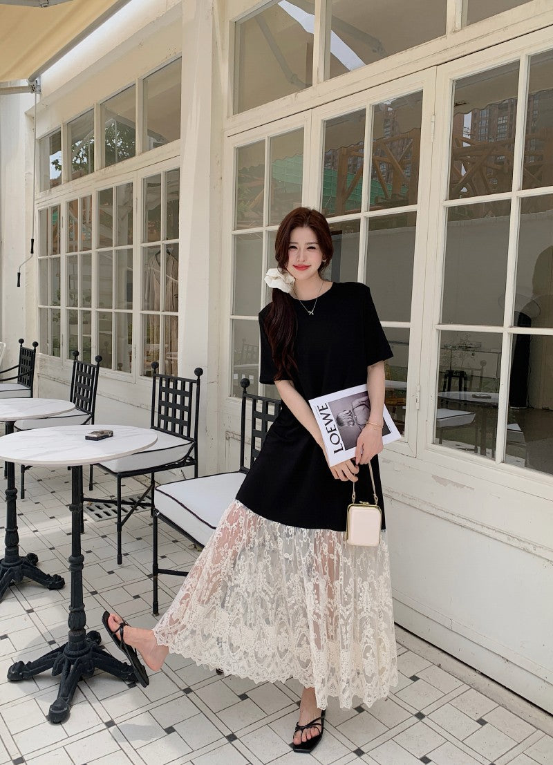 NYFS plus Size Women's Lave Patchwork Dress Summer 2025 Loose Long Dresses Robe Elbise Short Sleeve Korean Style Floral Hem