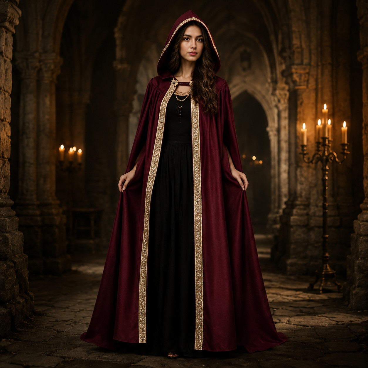 Elegant Medieval Hooded Floor Length CloakTrim Cape Chain Brooch for Adult Wedding Photoshoot Halloween Gothic Cosplay Costume
