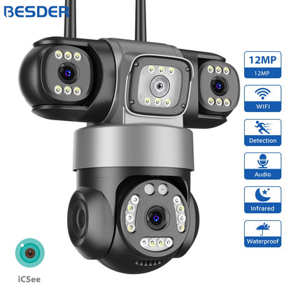 BESDER 12MP WiFi IP Camera PTZ Three Screens Outdoor CCTV Security Surveillance Camera Night Vision Monitor 3D Space iCSee App