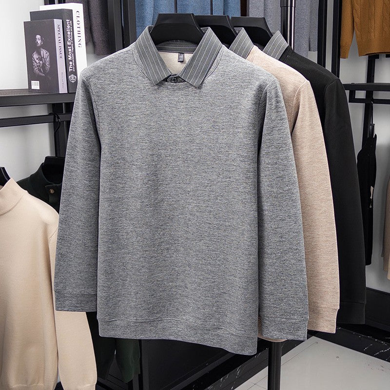 Fake Two-piece Striped Shirt Collar Knitted Sweater Men's Warm and Versatile Casual Woolen Shirt Waffle Top Winter Trend