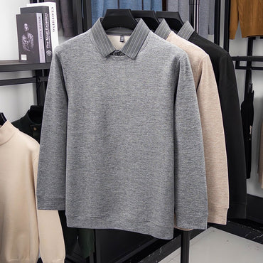 Fake Two-piece Striped Shirt Collar Knitted Sweater Men's Warm and Versatile Casual Woolen Shirt Waffle Top Winter Trend