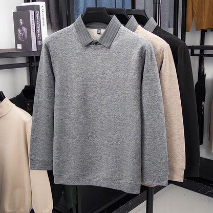 Fake Two-piece Striped Shirt Collar Knitted Sweater Men's Warm and Versatile Casual Woolen Shirt Waffle Top Winter Trend