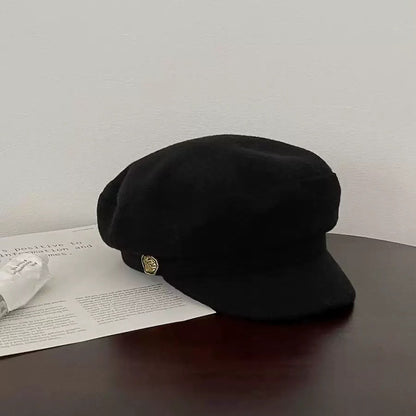 Korean Blogger Same Style Metal Button Autumn Winter Maillard Duck Bill Hat Woolen Newsboy Cap Eight Panel Hat for Women