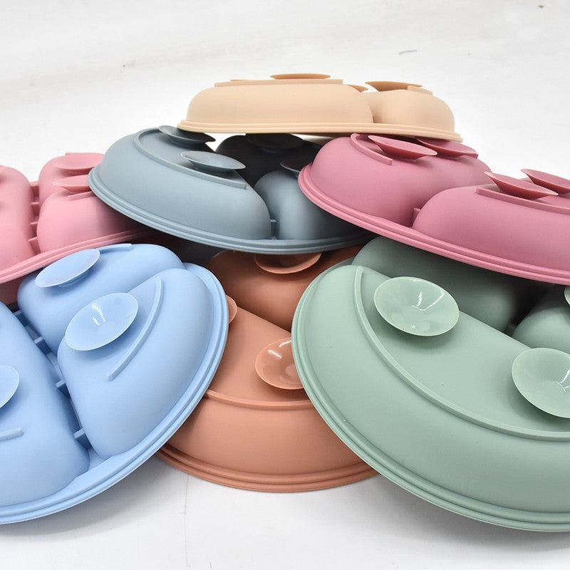 5P Baby Silicone Tableware Set Lid Divided Plate With Suction Bowls Straw Cup Wood Spoon Fork for Toddler Feeding Training Plate
