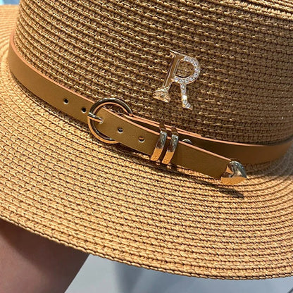 Rhinestone Straw Hat Women's Summer Beach Sunshade Hat Braided Straw Sunblock Hat French Belt Vintage Top Hat Sun Hats For Women