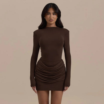 Lady Long Sleeve Ruched Sexy Mini Dress Women Autumn Winter New Elegant Solid High Waist Bodycon Club Party Dresses Female 2025