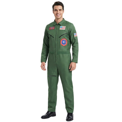 Men's Stylish Pilot Costume Air Force Pattern Jumpsuit Green Fighter Jet Outfit Halloween Costume Adult Masquerade Ball Carnival