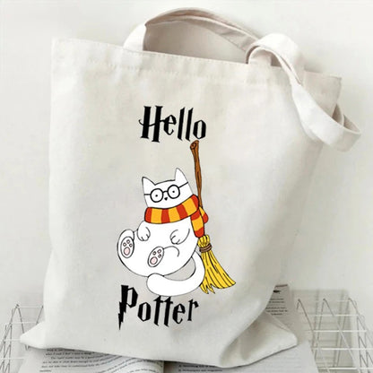 Potter Cats Printed Canvas Tote Bag for Women Handbag Harajuku Shopper Bags Cartoon Cat Aesthetic Tote Bag Female Shoulder Bag