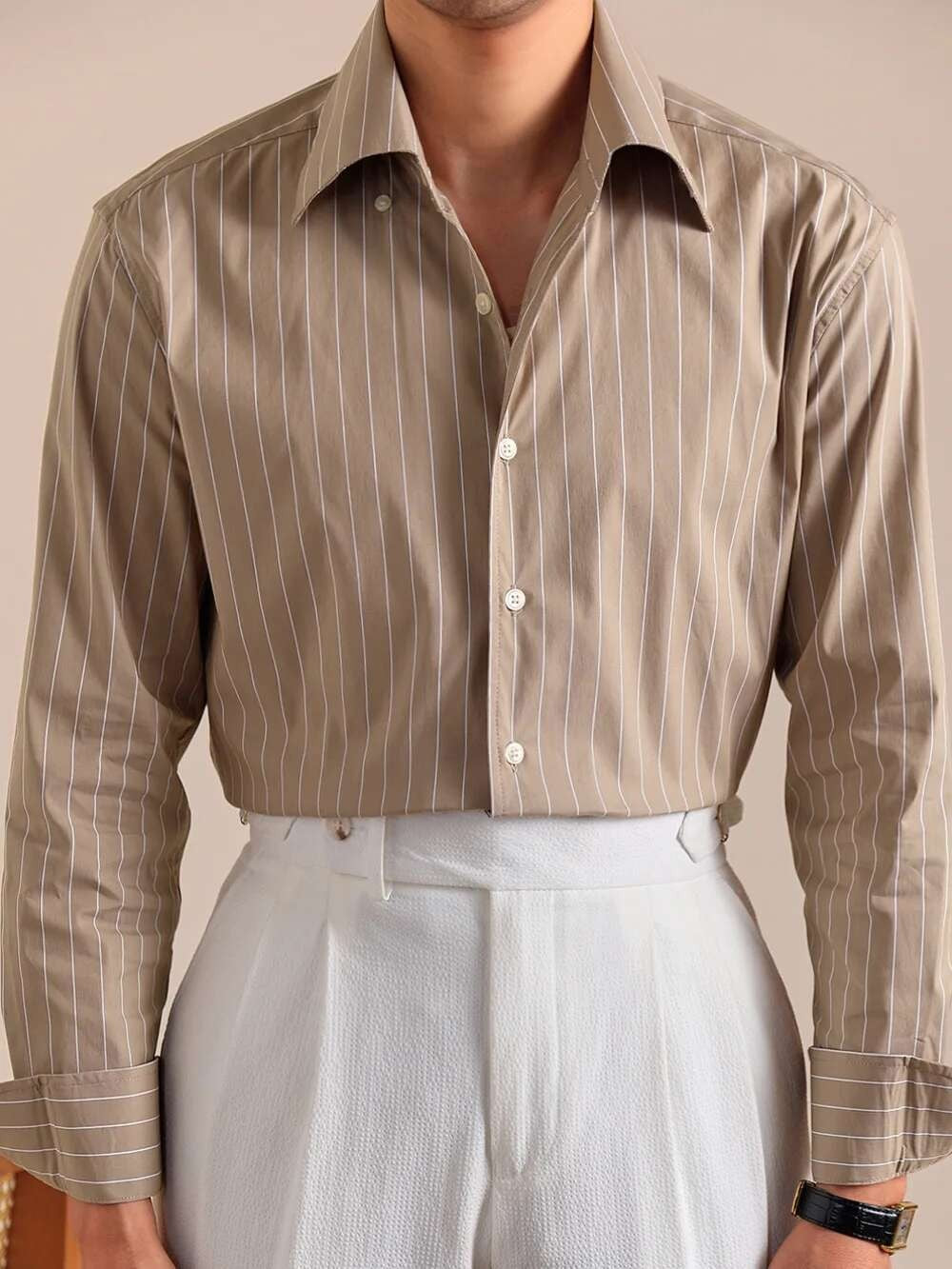Cotton Blend Striped Casual Italian Style One Piece Collar Long Sleeved Shirt Men High Count Cotton Gentleman Business Shirt Men
