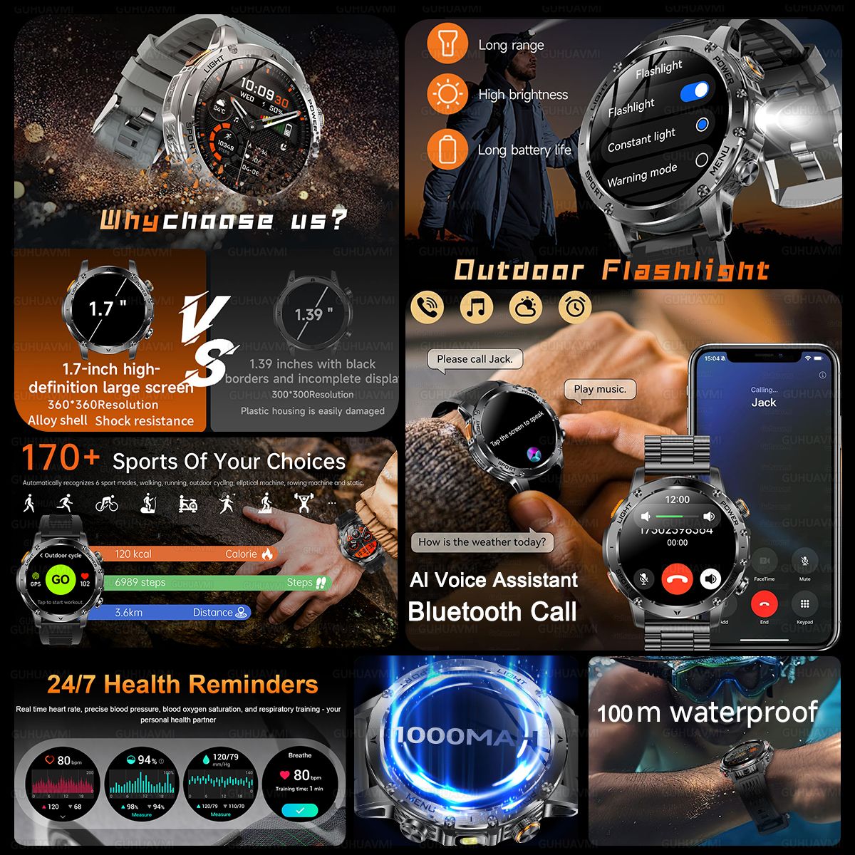 Smartwatch Militar Novo 2025 Bateria 1000mAh Monitoramento Fitness 10ATM À Prova D'Água Táticas Esportivas Lanterna Pulseira para Chamadas Masculino