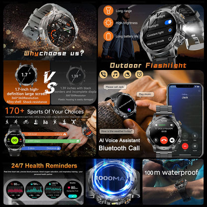 Smartwatch Militar Novo 2025 Bateria 1000mAh Monitoramento Fitness 10ATM À Prova D'Água Táticas Esportivas Lanterna Pulseira para Chamadas Masculino