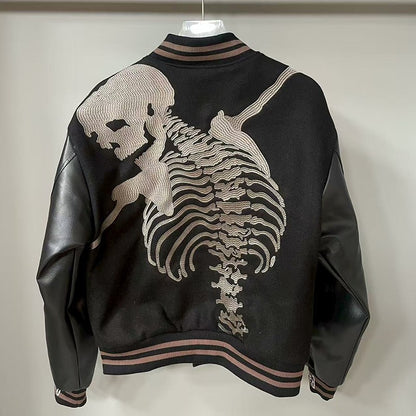 Real Photo GOD SPEED Baseball Jacket American Vintage Patchwork Leather Sleeves Unisex Embroidery Skeleton Jacket Coats