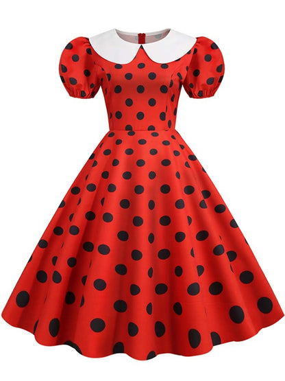 Elegant Women Summer Dress Puff Short Sleeve Polka Dot Peter pan Collar Vintage A-line Midi Long Party Sundress