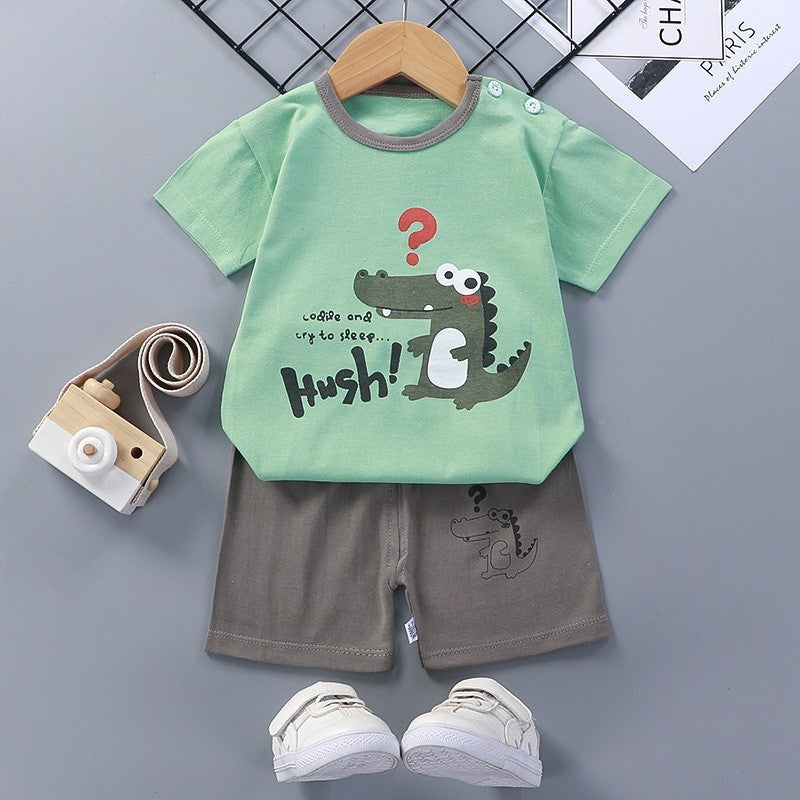 Cotton Pajama Cartoon T-Shirt+Shorts 2-Piece Clothing Set Kids Summer Baby Boys Girls Stripe Casual Tracksuit Clothes Suit 0-6 Y