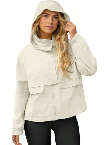 Fisoew Womens Cropped Jacket Zip Up Lightweight Hooded Trench Coat Active Outdoor Windbreaker Raincoat with Pockets