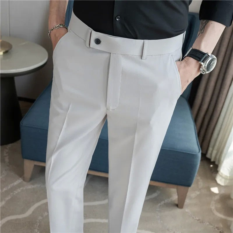 2025 Summer Thin White Elastic Nine Cent Suit Pants for Men,gray Blue Four-side Elastic Comfortable Drape Men's Casual Trousers