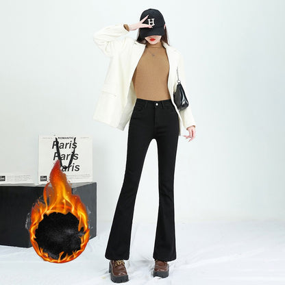 Winter Female Thin Snow Warm Plush Jeans Lady Chic Fleece Flared Pants Girls Korean High Waist Straight Leg Denim Trousers