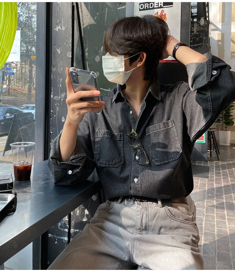 Spring Clothing Men's Denim Long-sleeved Pocket Shirt Casual Korean Turn down Button Streetwear Light Luxury Stylish 2025 New