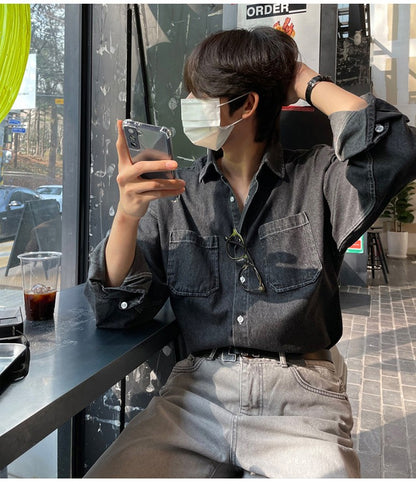 Spring Clothing Men's Denim Long-sleeved Pocket Shirt Casual Korean Turn down Button Streetwear Light Luxury Stylish 2025 New