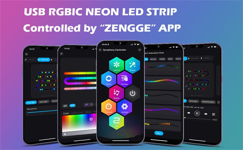 360 Degree Round Reticulate Neon LED Strip with Remote Control,RGBIC Nylon Flexible Dream Colorful Rope Light For Bedroom Living