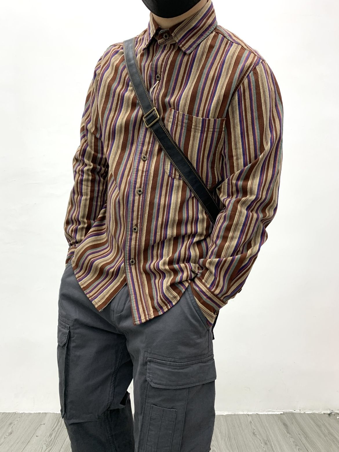 Amikaki Ethnic Style Men's Pure Cotton Colorful Stripes Shirt Loose Ancient Cargo Long Sleeved Shirt Jacket With Chest Pocket