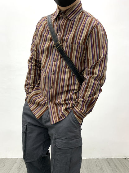 Amikaki Ethnic Style Men's Pure Cotton Colorful Stripes Shirt Loose Ancient Cargo Long Sleeved Shirt Jacket With Chest Pocket