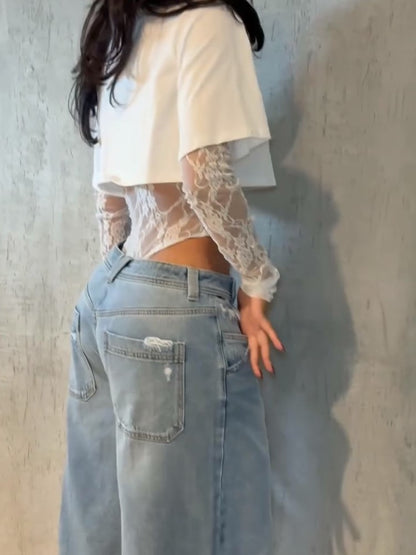 Women Crop Top Sheer Lace Bodysuit Short-Sleeve Layered 2025 Fashion Summer Sexy Outfit Trendy Party Chic Edgy Hot Lady Vestido