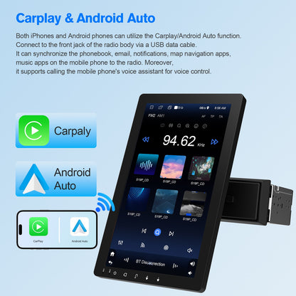 Haudio 10.1" Rádio Automotivo Rotativo de 1 Din, Tela Sensível ao Toque com Carplay e Android Auto Sem Fio/GPS/BT 4.1/Câmera de Ré/FM